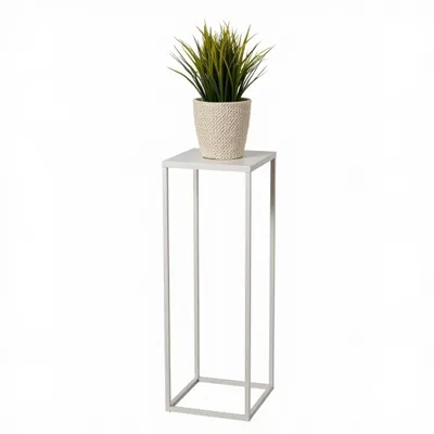 A white metal plant stand with a potted green plant on top, isolated on a white background.