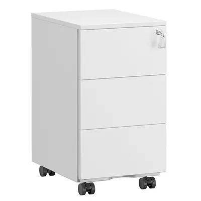 A white, three-drawer filing cabinet on wheels, with a key in the top drawer lock.