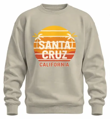 Imagen del producto de Sudadera uni con cuello redondo, diseño retro, con motivos de Santa Cruz, California, atardecer, palmeras, surf, playa. Estilo natural. Talla XXL