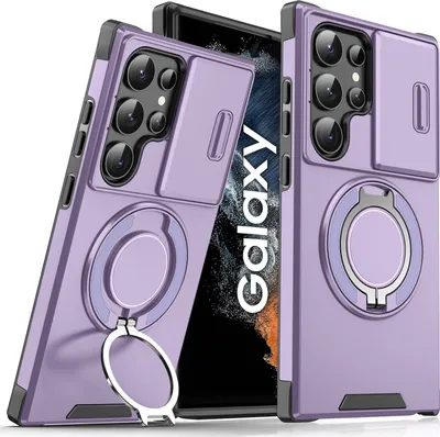 Image de Étui double couche pour Samsung Galaxy S22 Ultra 5G, avec couvercle coulissant pour l'appareil photo et support magnétique pour anneau Violet