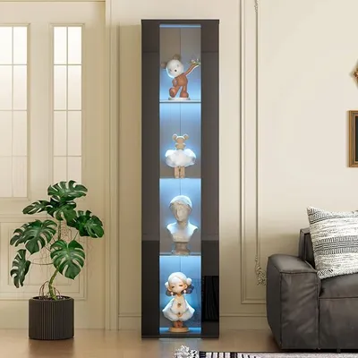 Zdjęcie produktu dla Wystawa szklana 40x29x170 cm, wielofunkcyjna witryna szklana z oświetleniem LED zmieniającym kolor, sterowaniem za pomocą pilota/aplikacji, płytą akrylową, 4 powierzchniami ekspozycyjnymi, nowoczesny design, łatwa w montażu, kolor czarny