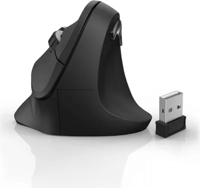 A black vertical ergonomic wireless mouse and its USB receiver are shown on a white reflective surface.