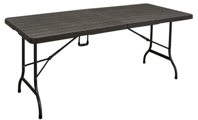 A brown folding table with black metal legs against a white background.