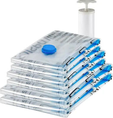 Immagine prodotto di Set di 6 sacchetti sottovuoto per la casa con pompa manuale Amazon Basics salvaspazio e versatile
