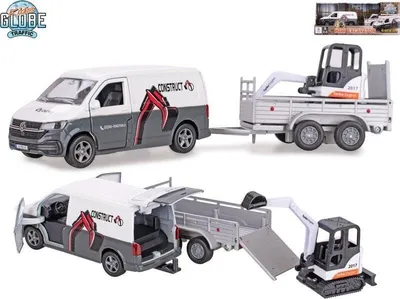 Productafbeelding van Kids Globe Traffic VW Transporter met aanhanger, 27 cm, met achteruitrijfunctie en een mini-graafmachine in de doos