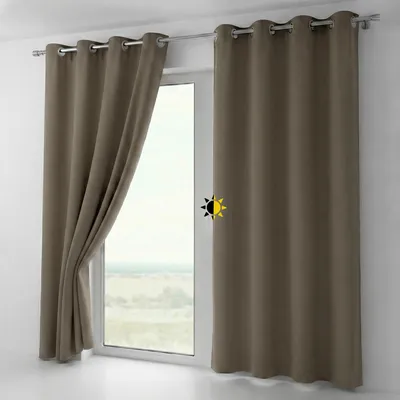 Two curtains are shown hanging on a window rod, with one curtain partially open to reveal a window with a landscape view.