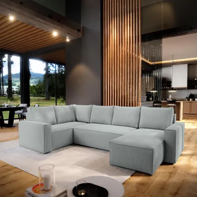 Produktbild von Masseno Ecksofa NORENA L-S mit Schlaffunktion U-Form, Sofa mit Bettkasten, Wohnzimmersofa, Couch, Soffa, Bettsofa, Couchgarnitur- Hellgrau, POSO 55