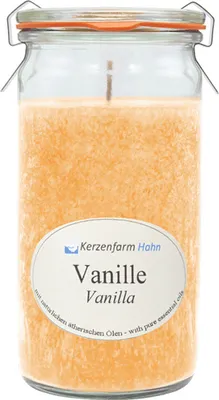 Produktbild von Duftkerze im XL-Weckglas®, 100% pflanzliches Stearin, Vanille, KERZENFARM HAHN, mit reinen ätherischen Ölen, Brenndauer ca. 40h