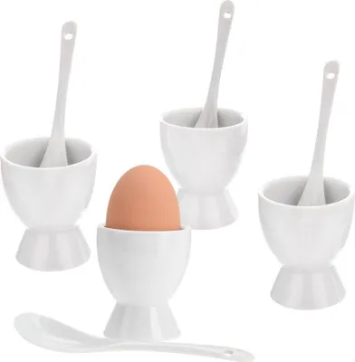 Image de Quatre coquetiers avec cuillères en porcelaine blanche, lavables au lave-vaisselle
