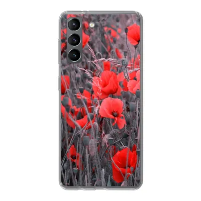 Produktbild von MuchoWow® Handyhülle Schutzhülle Hülle für Samsung Galaxy S21 Rote Mohnblumen in einem Schwarz-Weiß-Bild Silikon Softcase Handy Hülle - Softcase
