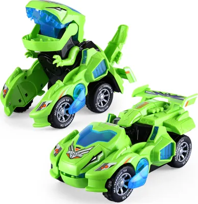 Two green transforming robot toys, one in dinosaur form and one in car form, are displayed against a white background.