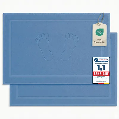 Produktbild von Komfortec Badvorleger Set 2 Teilig, Frottee Duschvorleger, Waschbar Duschmatte & Badteppich, 800 g/m² &100% Baumwolle, Saugfähig & Schnelltrocknend, 50 x 80 cm, Hellblau