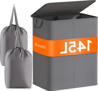Image de Panier à linge pliable avec couvercle - 2 compartiments - Gris - 145 L