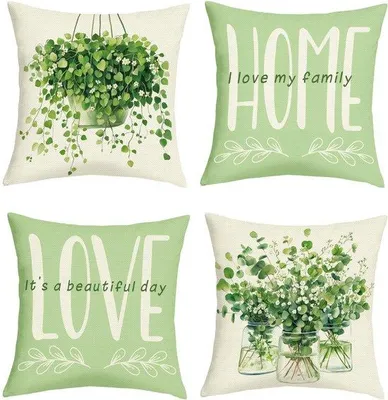 Imagen del producto de Juego de 4 fundas de cojín Ibenzoa®, con motivos de hojas verdes, 45 x 45 cm, de poliéster y lino, fundas decorativas con cremallera oculta