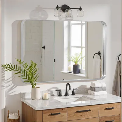 Immagine prodotto di Specchio da parete, 75 x 100 cm, cornice in metallo argentata, design moderno, ideale per bagno, camera da letto o ingresso