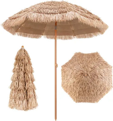 A straw umbrella is shown in three different views: open, closed, and from the top.