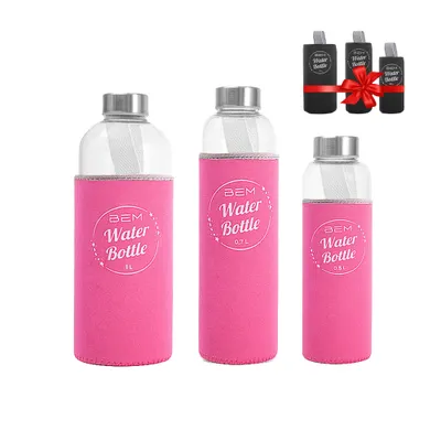 Produktbild von Water Bottle-SET: Trinkflaschen in 3 Größen mit Hüllen-Sets (schwarz+pink)