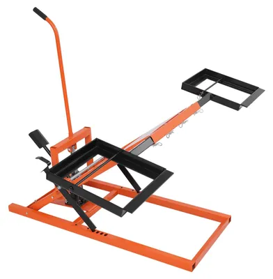 Zdjęcie produktu dla Hydrauliczna podnośnik do kosiarki – podnośnik do traktora ogrodowego – udźwig 226,8 kg – wysokość podnoszenia 44,5–61 cm – stal węglowa Q235 – regulowany – kolor pomarańczowy/czarny