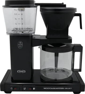 A black Moccamaster coffee maker on a black base.
