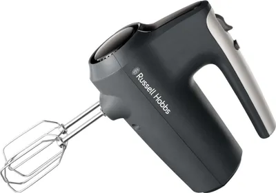 A dark gray Russell Hobbs hand mixer with silver accents is shown against a white background.
