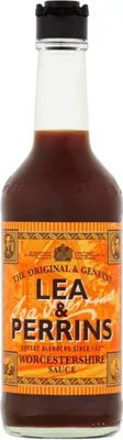 A bottle of Lea & Perrins Worcestershire Sauce.
