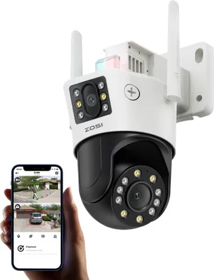 A ZOSI security camera is shown mounted on a wall, with a smartphone displaying its live feed held in a person's hand.