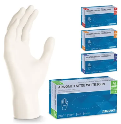 Produktbild von ARNOMED Nitril Handschuhe Weiß, reißfest und langlebig, Größe S | Box (200 Stück)