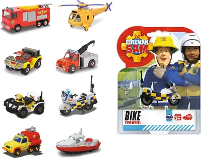 A collage of various Fireman Sam toy vehicles and a packaged toy with Fireman Sam characters.