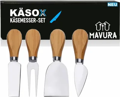 Produktbild von KÄSOX Käsemesser Set mit Holzgriff Hobel Gabel Schaufel Weichkäsemesser Hartkäse