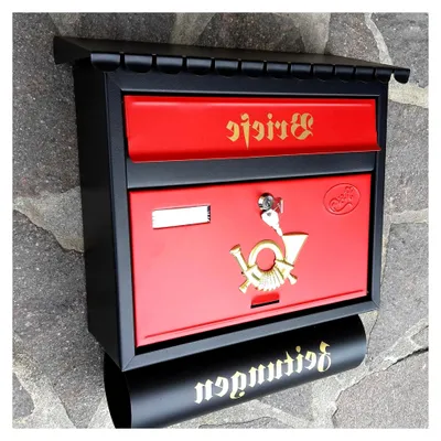 Produktbild von Großer Briefkasten/Postkasten XXL Schwarz/Rot Matt mit Zeitungsrolle und Flachdach