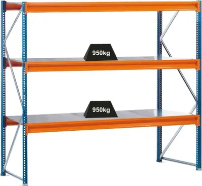 Produktbild von Schulte Weitspannregal mit Stahlpaneelen W 100 | Grundregal | HxBxT 200x214x60cm | 3 Ebenen | Fachlast 950 kg | Blau/Orange/Verzinkt
