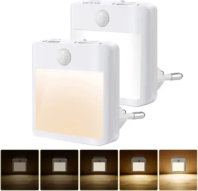 Produktbild von 2 Stück LED Nachtlicht Steckdose mit Bewegungsmelder, Steckdosenlicht Helligkeit Nachtlampe Warmweiß