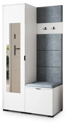 Produktbild von Masseno Garderobe-Set VIRA 95/181/51 cm Modern Garderobenschrank Weiß, Veloursstoff MONOLITH 85 (Grau)