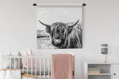 Produktbild von MuchoWow® Wandteppich Wandbehang Scottish Hochlandrind - Gras - Schwarz - Weiß 90x90 cm Tapisserie Dekoration Wandtuch - Wandaufhänger