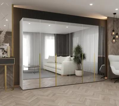 Obrázok produktu pre Zrkadlová šatníková skriňa 300 cm BUGRA - biela / zlatá