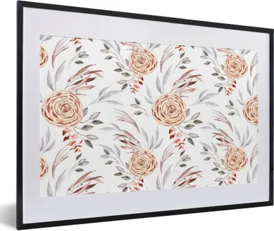 Produktbild von MuchoWow® Gerahmtes Poster Rosen - Blätter - Weiß 60x40 cm - Poster mit Schwarzem Bilderrahmen Wandposter Rahmen Foto Bilder - Schlafzimmer - Plakat in Rahmen - Drucken