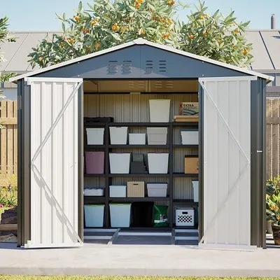 Imagen del producto de Casa de jardín de acero, 229x180x191 cm, cobertizo para herramientas con puerta corredera y cerradura, 4 ventilaciones, base de hormigón, color , resistente a la intemperie