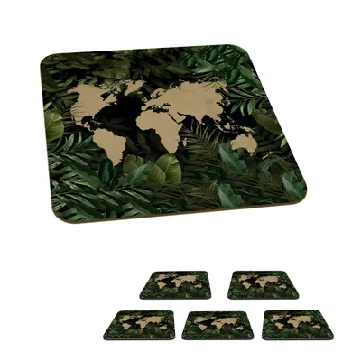 Produktbild von KitchenYeah® Glasuntersetzer Quadratisch 6er Set Weltkarte - Pflanzen - Blätter 10x10 cm Untersetzer für Gläser - Getränkeuntersetzer - Tischplattenschutz - Tischuntersetzer für Tassen Tisch Bar Glas