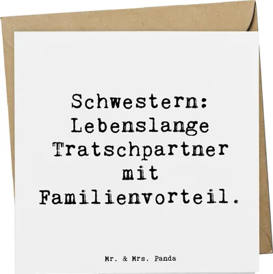 Produktbild von Mr. & Mrs. Panda Glückwunschkarte Spruch Schwestern Tratschpartner - Weiß - Geschenk, Grußkarte, Familiengeschenk, Spaß, Familie, Geschwisterliebe, Tratsch, Klappkarte