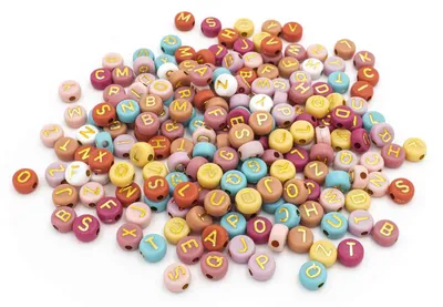 Produktbild von Vintageparts Acrylperlen bunt mit Buchstaben goldfarben rund 7 mm für Freundschaftsarmbänder, 200 Stück