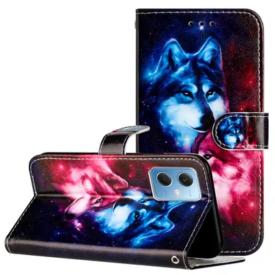 A flip-style phone case with a wolf design, shown open and closed.