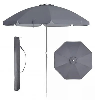 Produktbild von COSTWAY Sonnenschirm Strand, 178cm Strandschirm windfest stabil, UPF 50+, 30° knickbar, Sonnenschutz mit Erdspieß & Tragetasche, Gartenschirm Grau