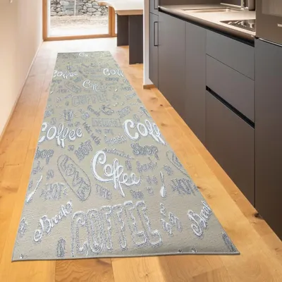 Produktbild von Waschbarer Küchen-Teppich mit „Coffee“ Schriftzug in weiß Größe - 80 x 250 cm