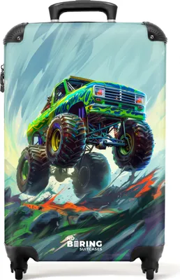 Produktbild von NoBoringSuitcases.com® Koffer Handgepäck Trolley Rollkoffer Kleine Reisekoffer mit 4 Rollen - Grüner Monstertruck mit Pinselstrichen - Cabin Size < 55x40x23 cm & 55x40x20 cm - Fotokoffer - Kabinenkoffer - BoardgepäckHandgepäck Koffer 55x35x20 cm, 36L,