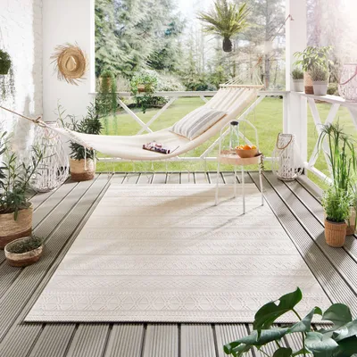 Produktbild von Steffensmeier Indoor Outdoor Teppich Nyland wasserfest Kunststoff Balkon Garten Flur, strapazierfähig und pflegeleicht, Streifen Creme, Größe: 240x290