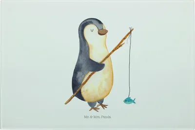 Produktbild von Mr. & Mrs. Panda Schneidebrett Pinguin Angler - Weiß - Geschenk, Angelurlaub, Servierplatte, Glas Schneideplatte, Glasschneidebrett, Angeln, vesperbrett, Neustart, Urlaub