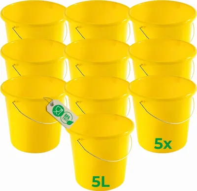 Produktbild von Novaliv 10 Stück Eimer 5L Gelb mit Maßeinteilung - Putzeimer 5 Liter ⌀ 22,5 cm Praktischer Allrounder mit Skala für Haushalt & Garten ideal als Haushaltseimer, Wassereimer, Wischeimer, Bucket