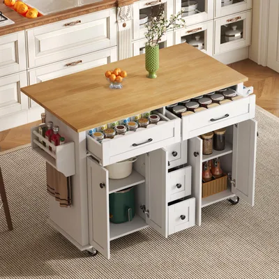 Produktbild von Multifunktionaler Küchenwagen mit ausklappbarer Arbeitsplatte, 120×65 cm erweiterbar, mit 5 Schubladen, Schränken, Gewürz- & Handtuchhalter, auf Rollen – Kücheninsel für Küche, Esszimmer & Wohnzimmer