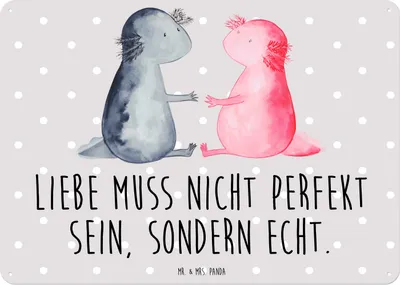 Produktbild von Mr. & Mrs. Panda Blechschild Axolotl Liebe DIN A3 - Grau Pastell - Geschenk, Wandbild, Schild, Lurch, Blechtafel, Metallbild, Valentinstag, wandtafel, Verlobter, tafel