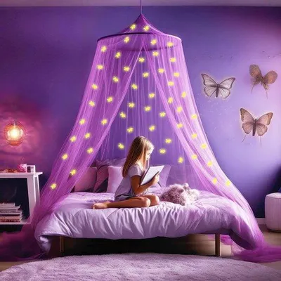 Produktbild von Famanu Klamboe mit leuchtenden Einhörnern - Lila Himmelbett für Kinderzimmer oder Erwachsene